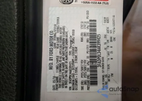 2010 Ford Fusion Hybrid from USA, damaged, VIN 3FADP0L34AR399425